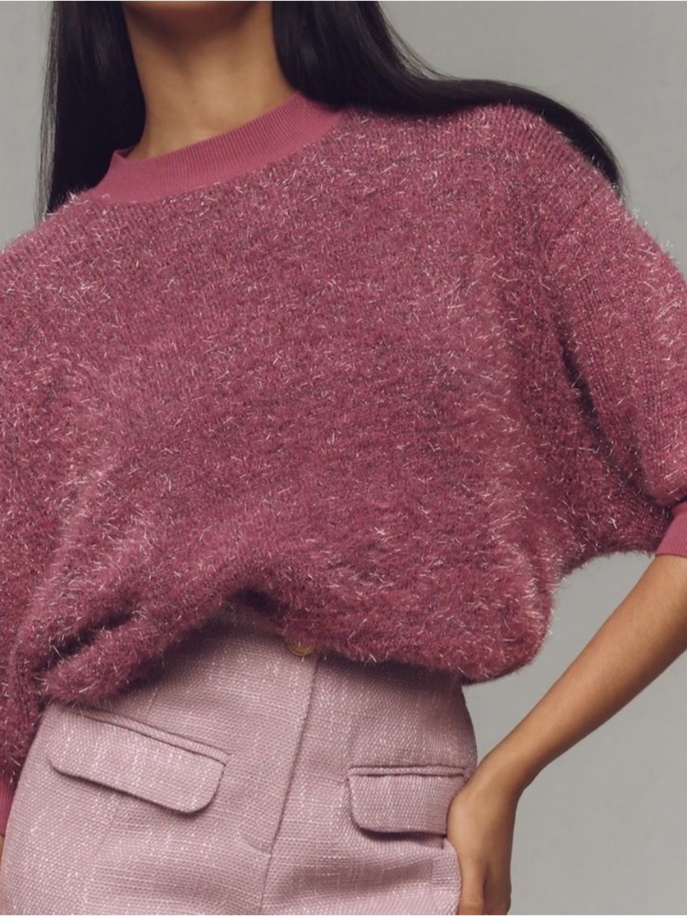 NWT Anthropologie Maeve Violetta Tinsel Keyhole Pink Sparkle Sweater